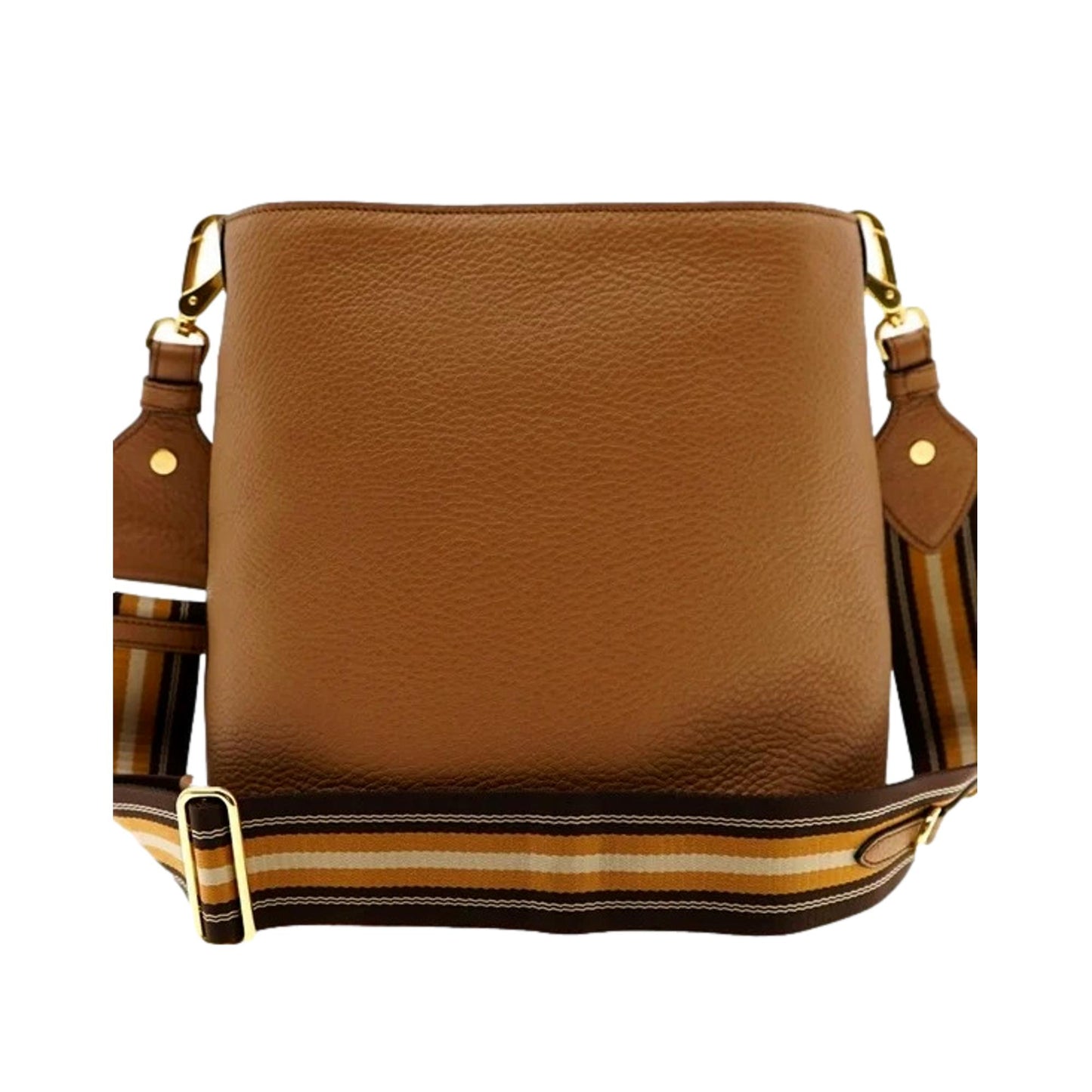 Prada Vitello Phenix Caramel Leather Stripe Strap Bucket Bag 1BE057