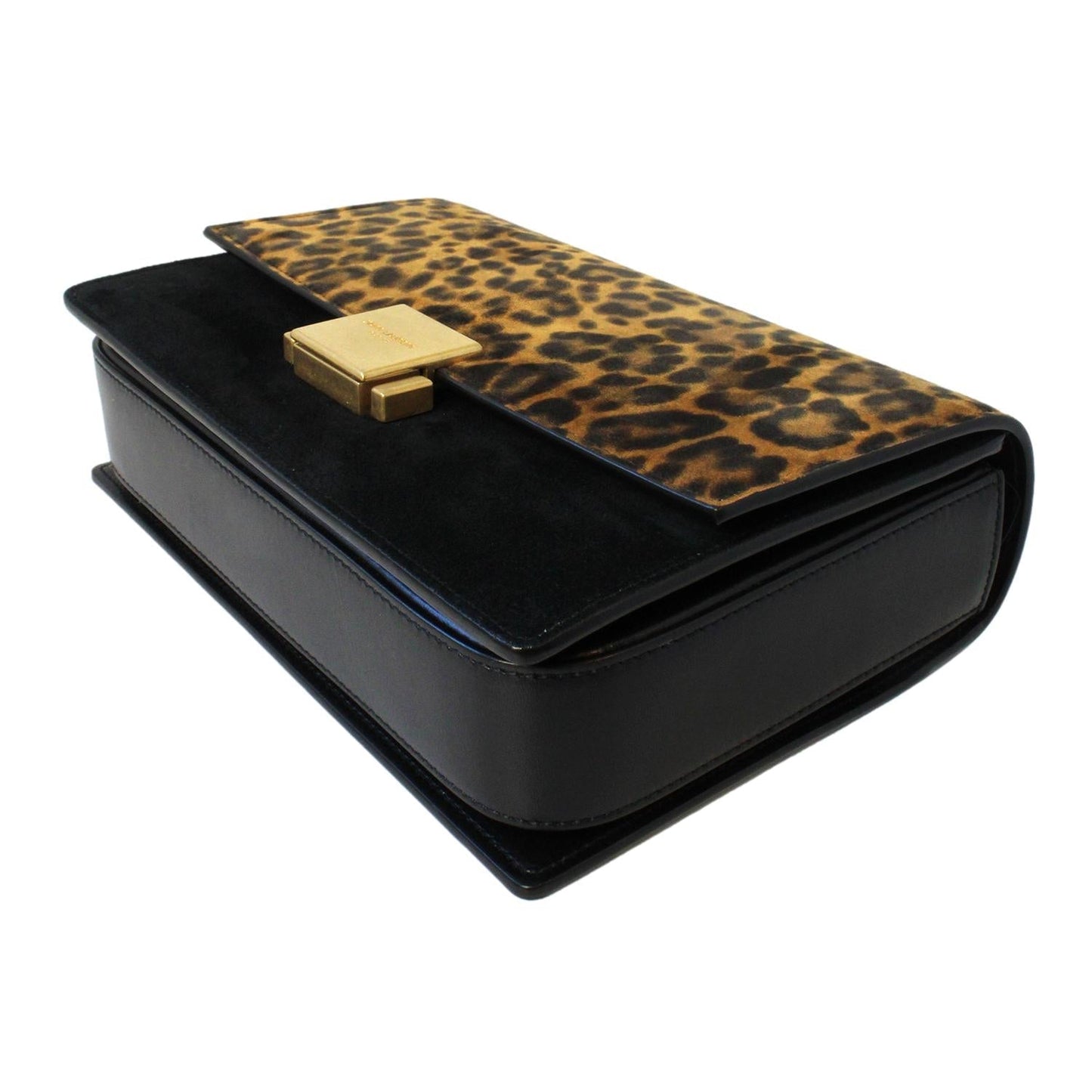 Saint Laurent Bellechasse Black Leather Leopard Print Crossbody 482044