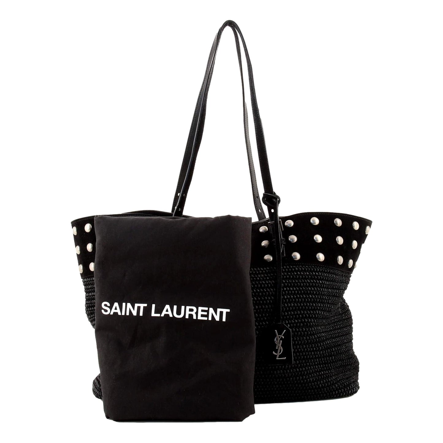 Saint Laurent Boucle Studded Black Raffia Leather Shopping Tote 609067