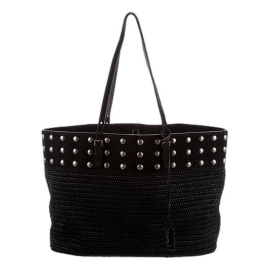 Saint Laurent Boucle Studded Black Raffia Leather Shopping Tote 609067