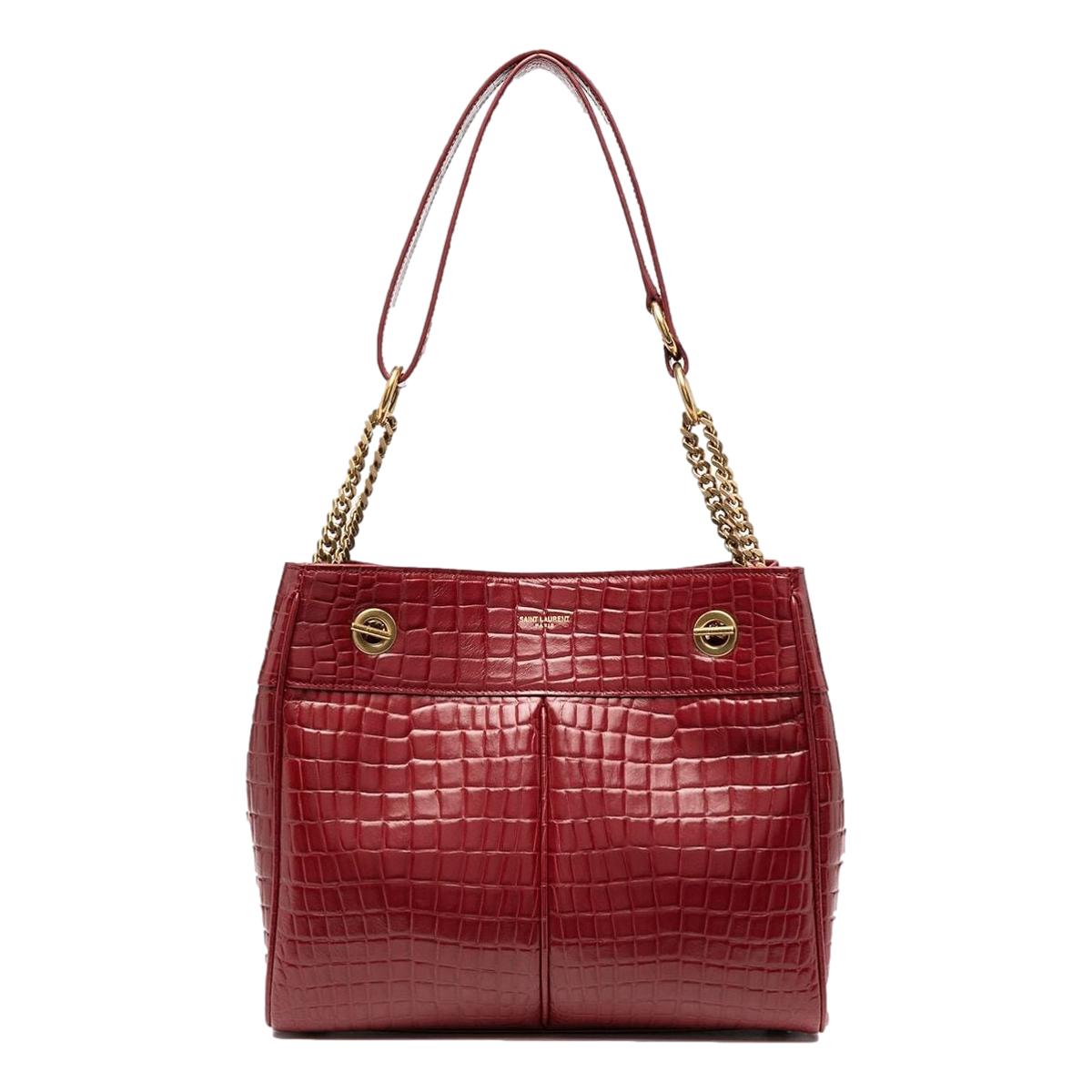 Saint Laurent Claude Red Leather Cocco Embossed Shoulder Bag 640281