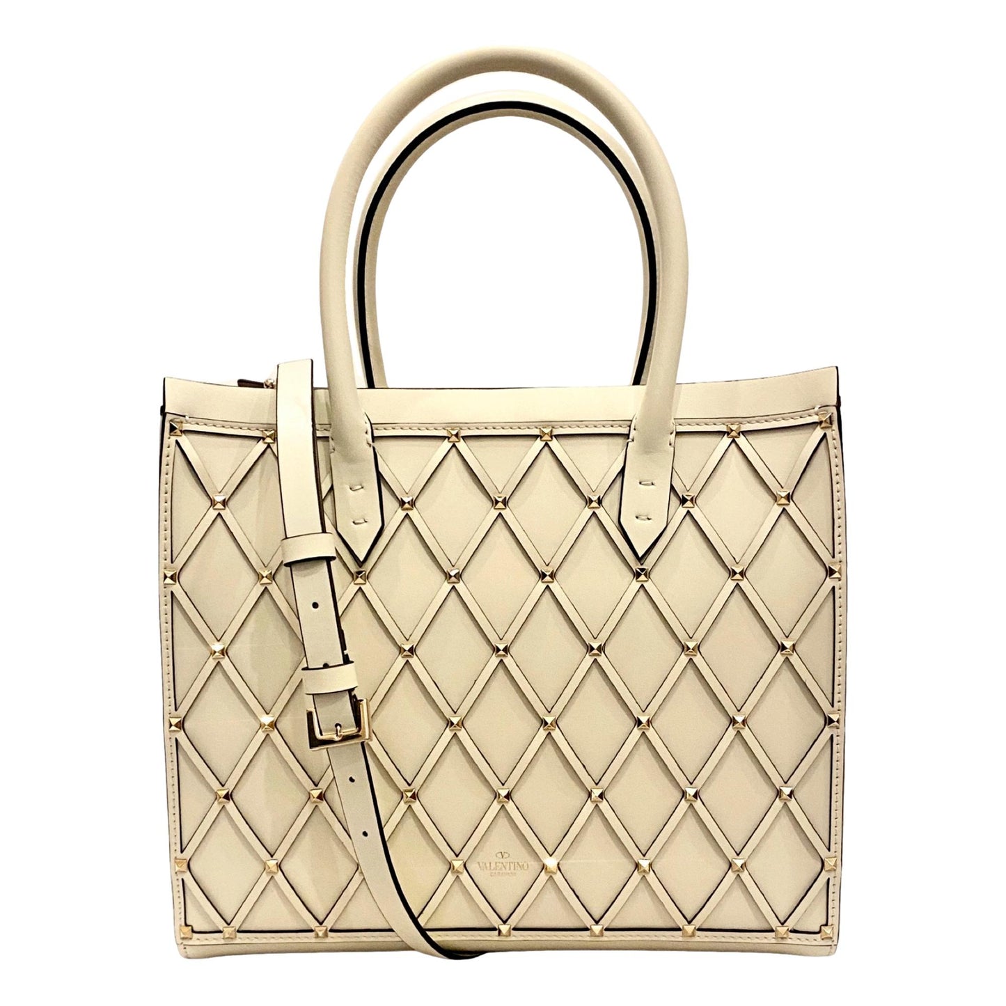 Valentino Garavani Beehive Lattice Ivory Studded Leather Tote Bag