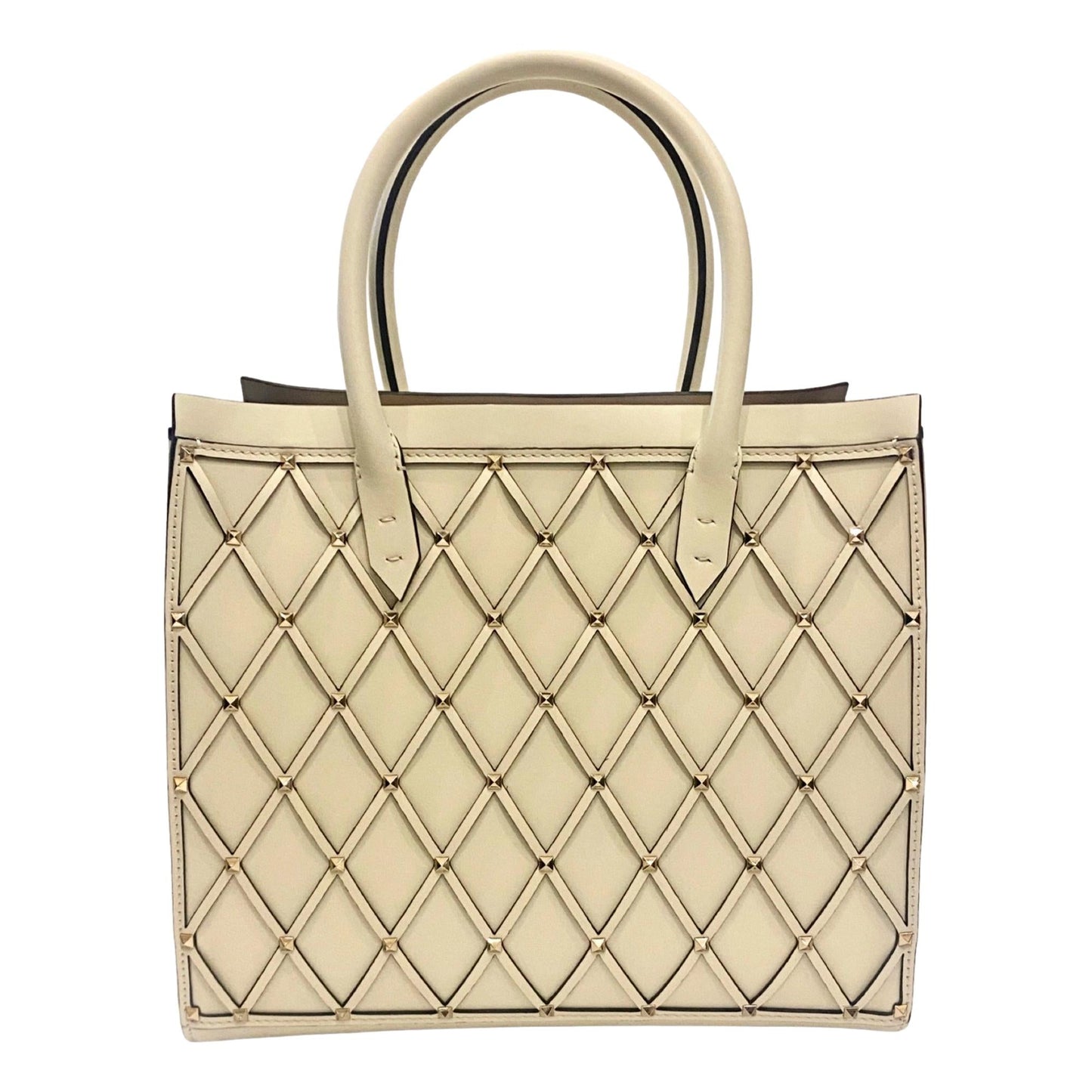 Valentino Garavani Beehive Lattice Ivory Studded Leather Tote Bag