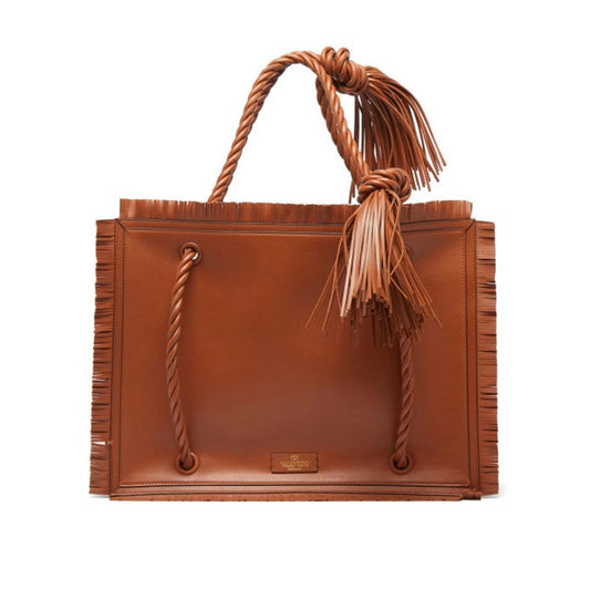 Valentino Garavani The Rope Large Fringe  Brown Leather Tote Bag