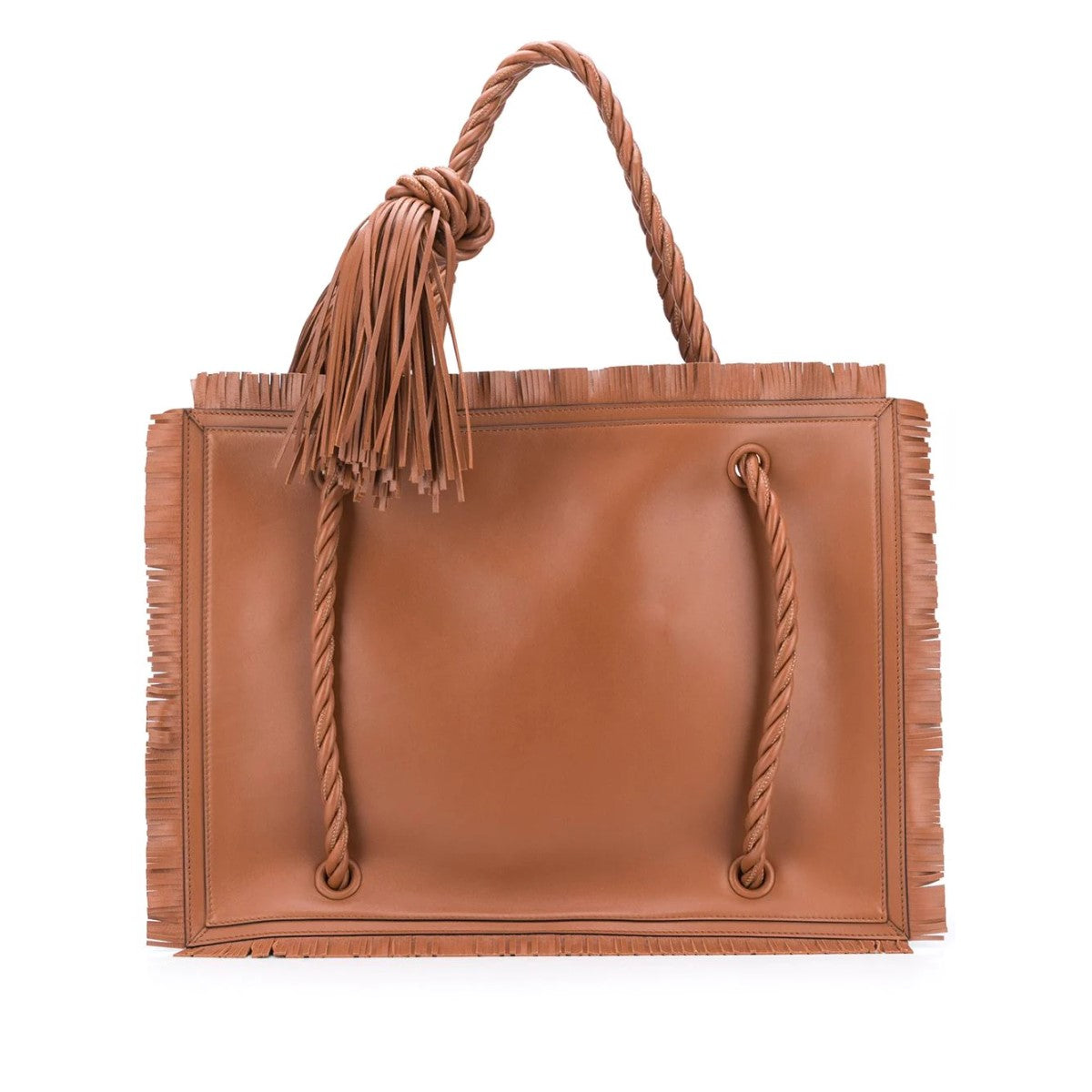 Valentino Garavani The Rope Large Fringe  Brown Leather Tote Bag