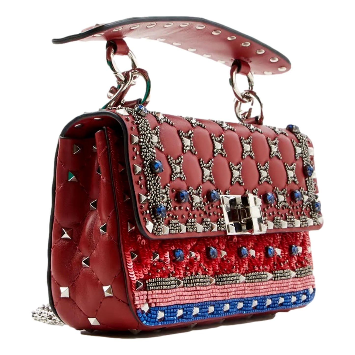 Valentino Rockstud Spike Red Leather Beaded Bag