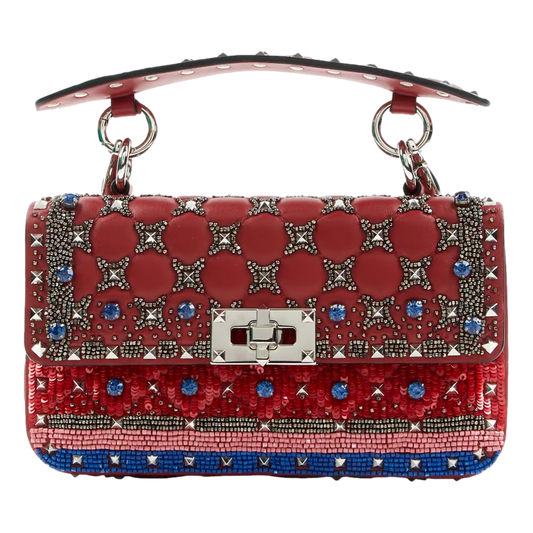 Valentino Rockstud Spike Red Leather Beaded Bag