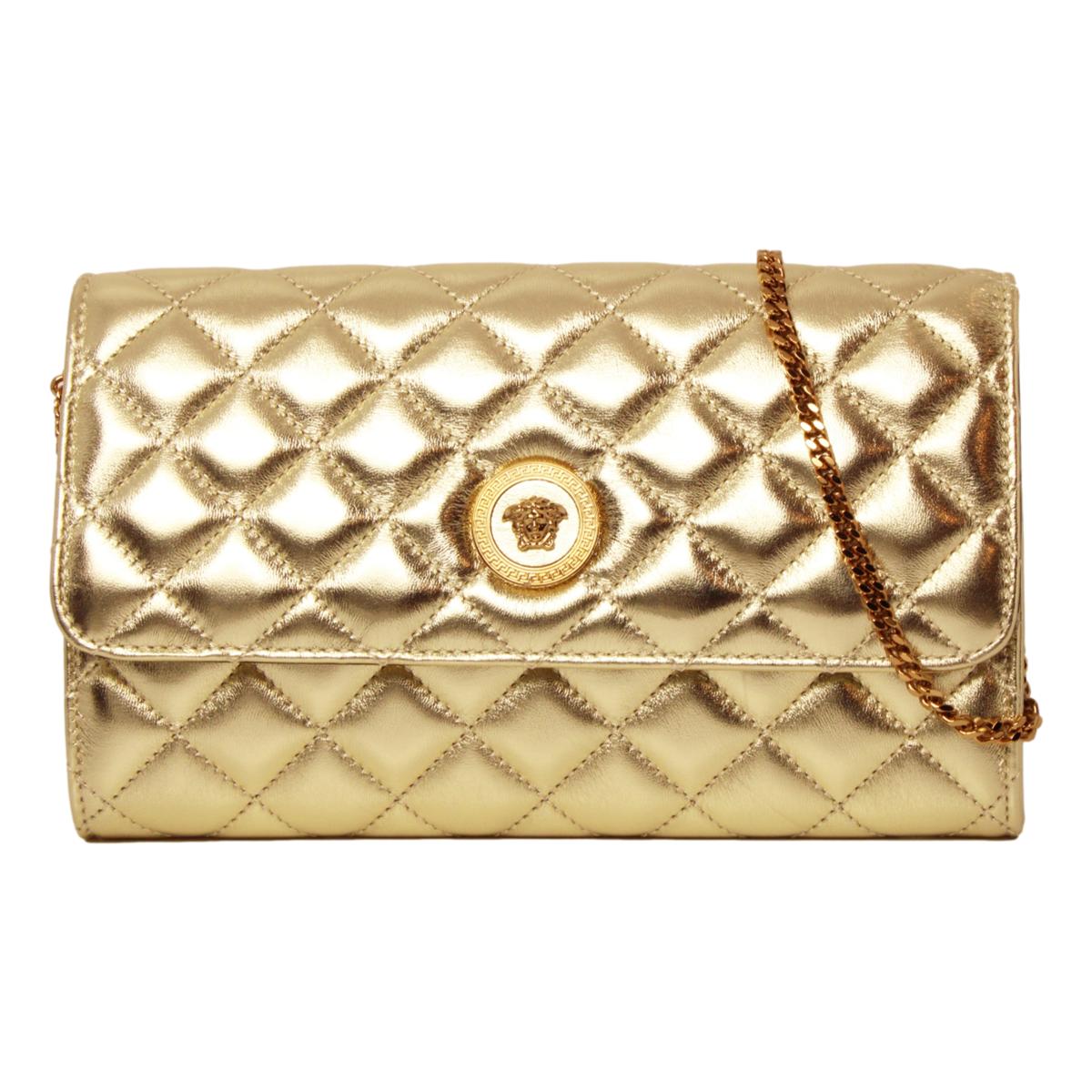 Versace Metallic Gold Leather Medusa Chain Wallet Bag DBSI159S