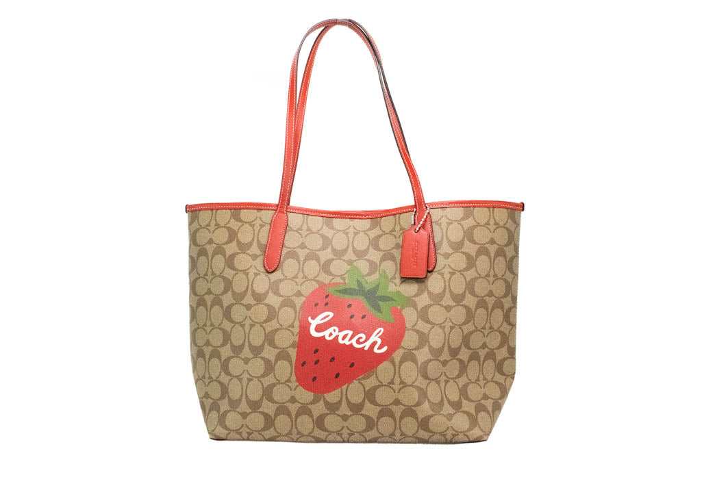 Coach (CH329) Khaki Red Wild Strawberry Coated Canvas City Tote Shoulder Handbag