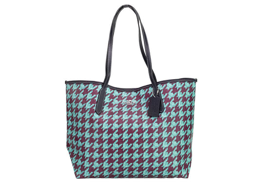 Coach (CJ626) Teal Wine Houndstooth Coated Canvas City Tote Shoulder Bag Purse