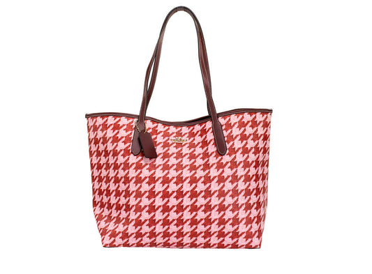 Coach (CJ626) Pink Red Houndstooth Coated Canvas City Tote Shoulder Bag Purse