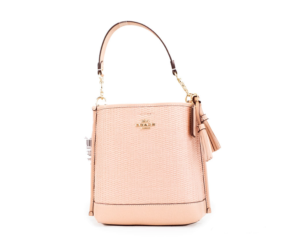 Coach (CH208) Mollie 22 Shell Pink Straw and Leather Bucket Crossbody Handbag