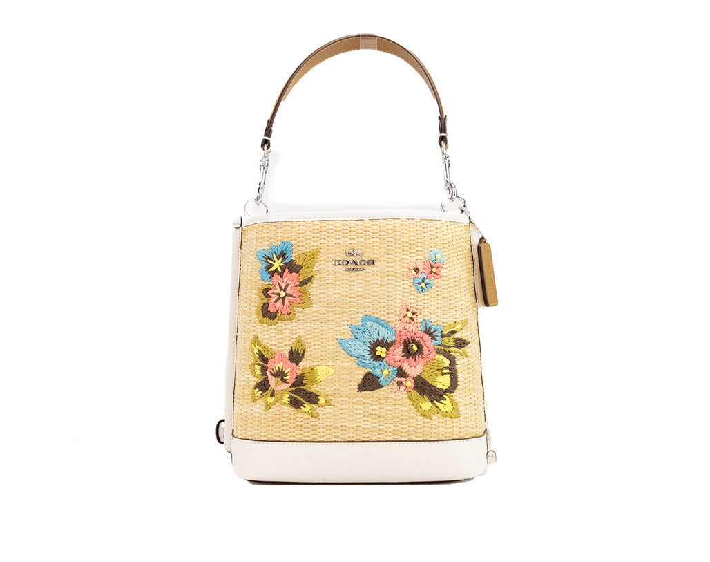 Coach (CJ573) Mollie 22 Straw Embroidered Florals Bucket Crossbody Handbag