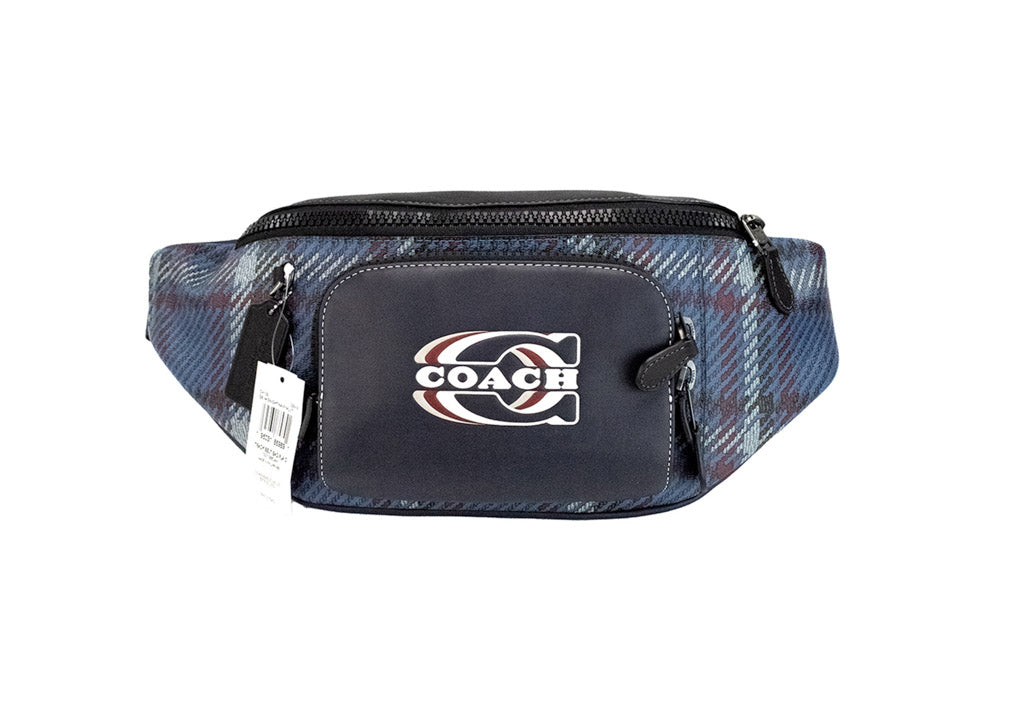 Coach (CH109) Track Navy Plaid Print Coated Canvas Leather Stamp Belt Bag